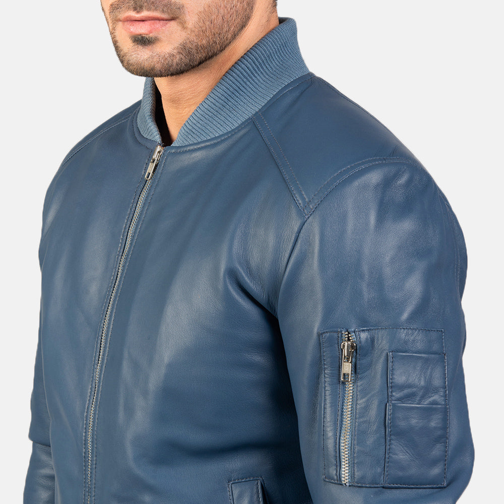 "Daniel Blue Leather Bomber Jacket – Semi-Aniline Sheepskin with Rib-Knit Details"