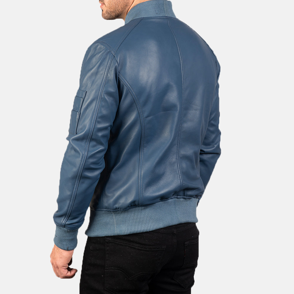 "Daniel Blue Leather Bomber Jacket – Semi-Aniline Sheepskin with Rib-Knit Details"