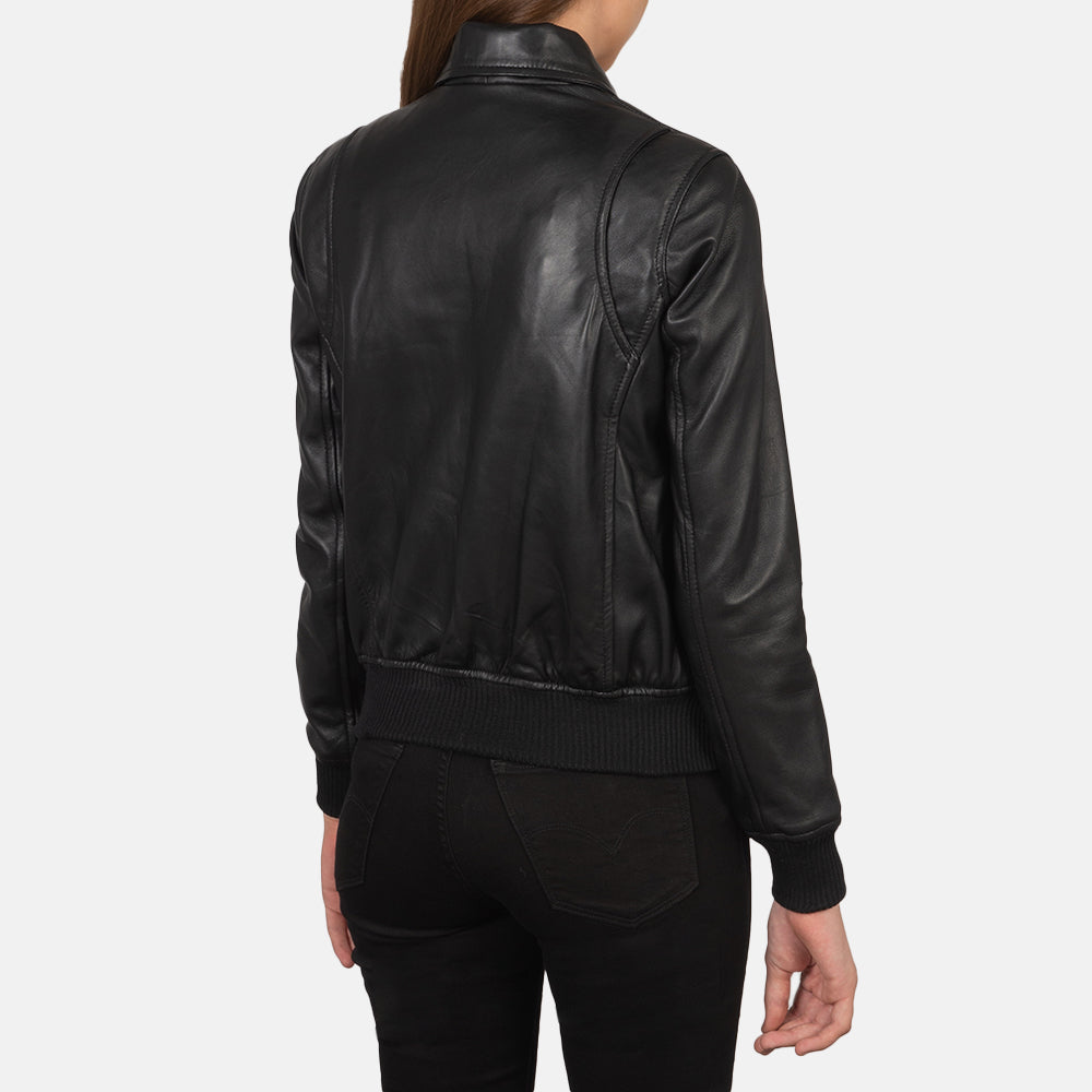 Rose Black Leather Bomber Jacket