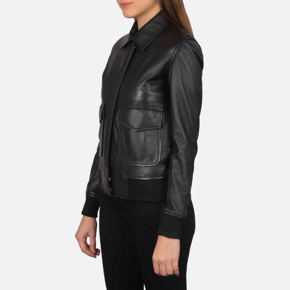 Rose Black Leather Bomber Jacket