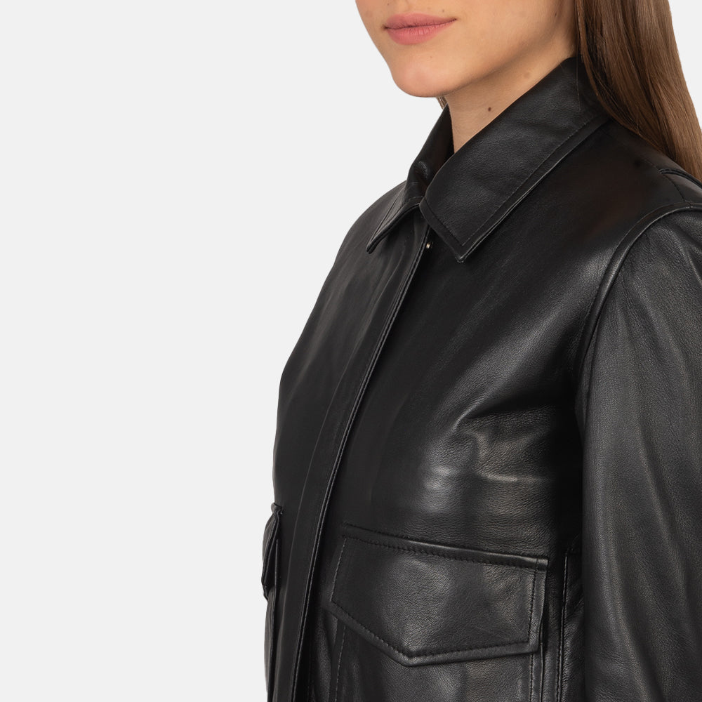 Rose Black Leather Bomber Jacket