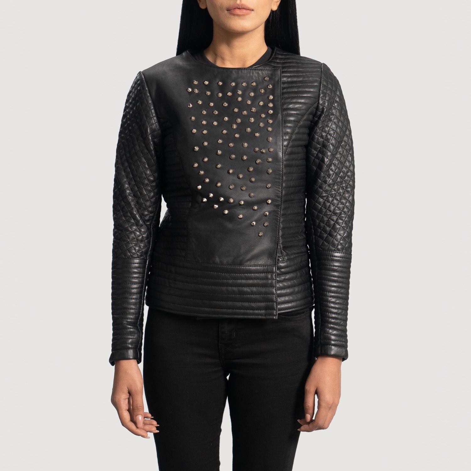 Sarah Black Studded Leather Biker Jacket