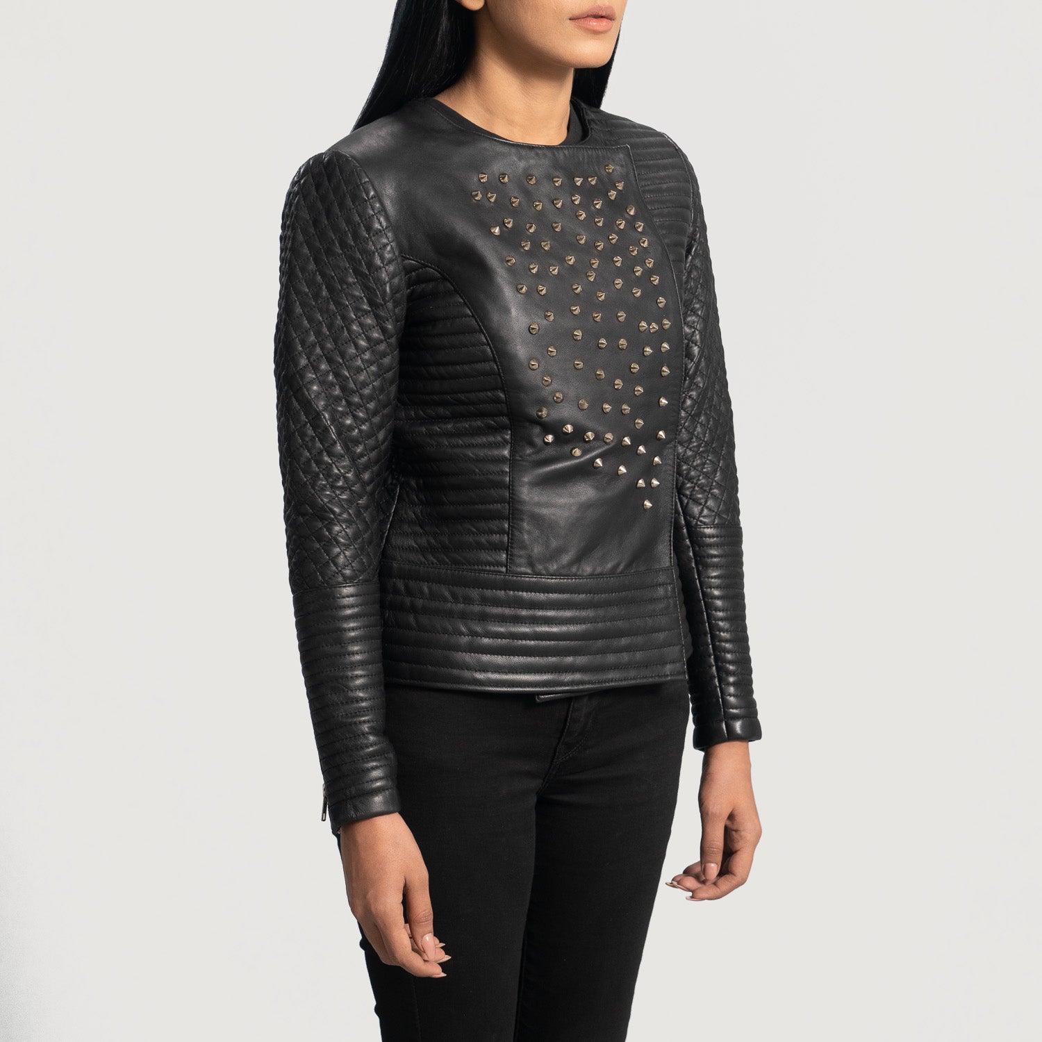 Sarah Black Studded Leather Biker Jacket