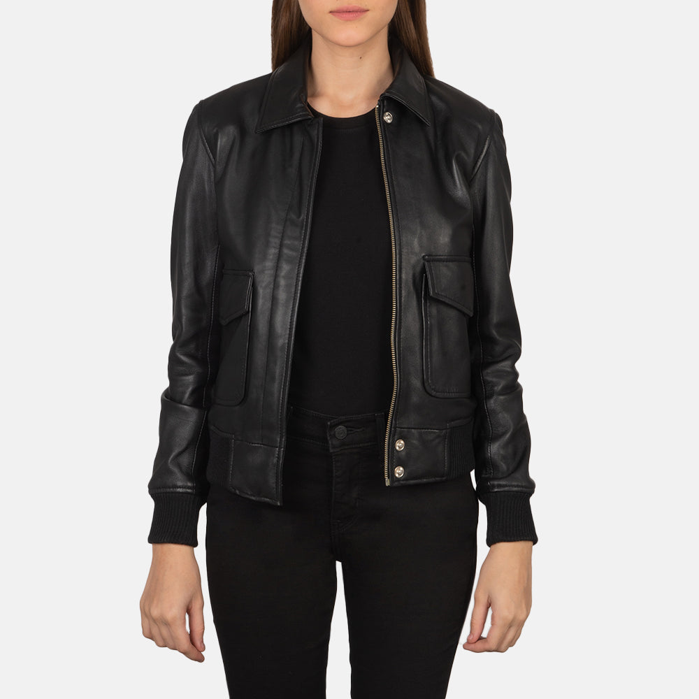 Rose Black Leather Bomber Jacket