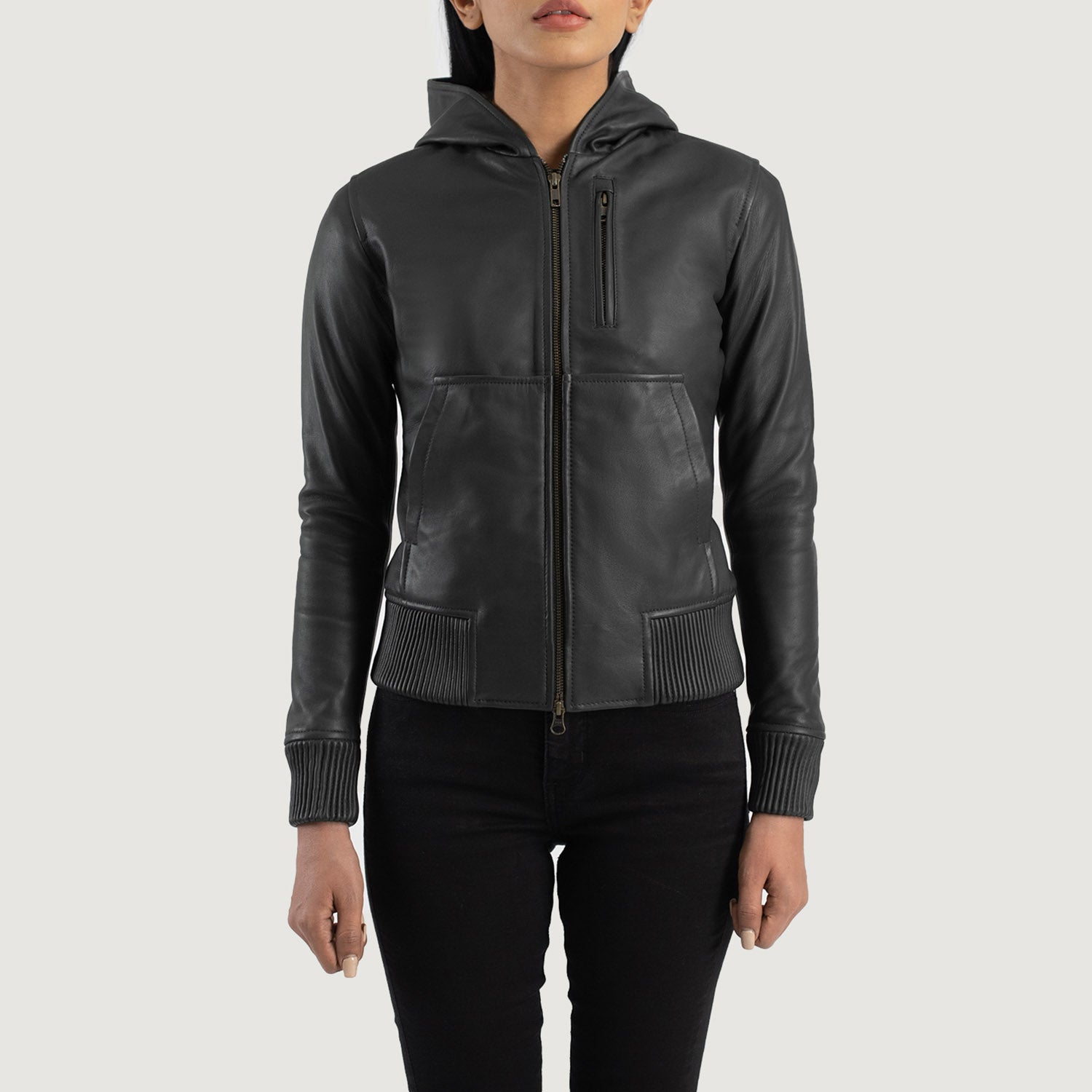 Evelyn Hooded Black Leather Bomber Jacket