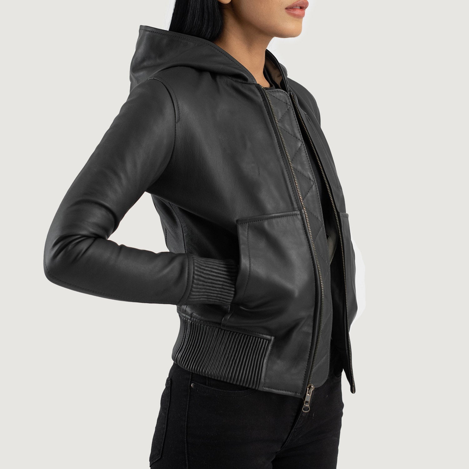 Evelyn Hooded Black Leather Bomber Jacket