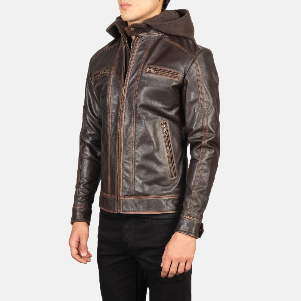 Benjamin Vintage Brown Hooded Goatskin Leather Biker Jacket - Stylish & Durable