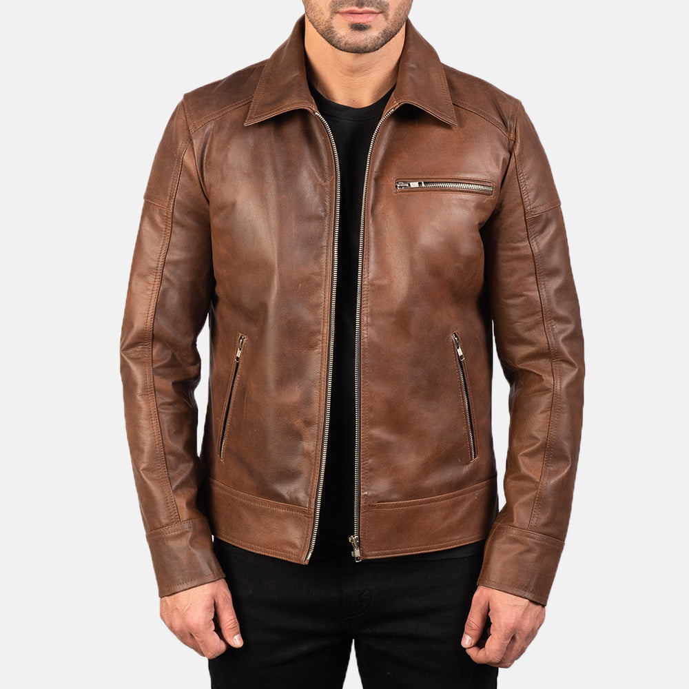 "Matthew Brown Leather Biker Jacket – Pull-Up Cowhide with Classic Shirt Collar"