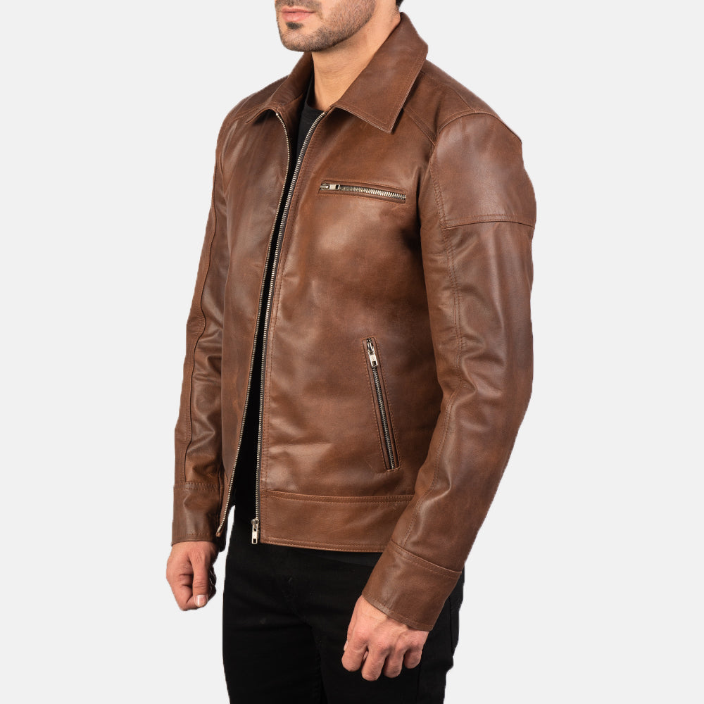 "Matthew Brown Leather Biker Jacket – Pull-Up Cowhide with Classic Shirt Collar"