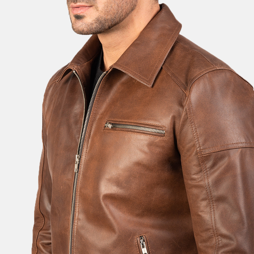 "Matthew Brown Leather Biker Jacket – Pull-Up Cowhide with Classic Shirt Collar"