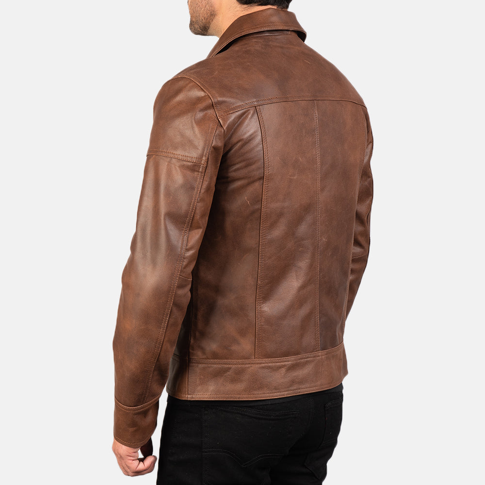 "Matthew Brown Leather Biker Jacket – Pull-Up Cowhide with Classic Shirt Collar"