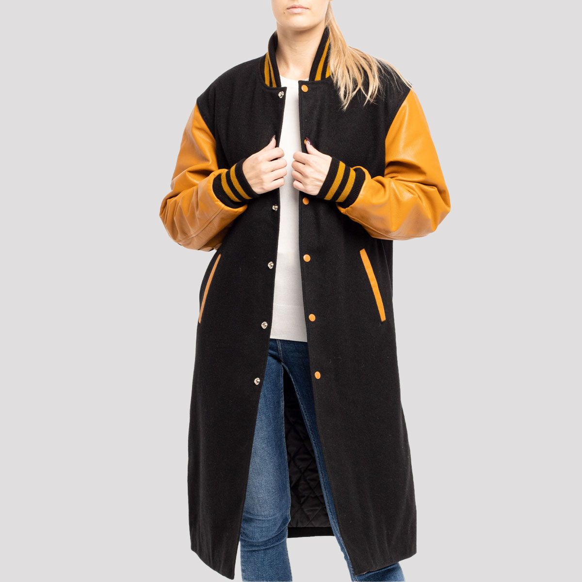 Camel Body & Black Sleeve Letterman Coat