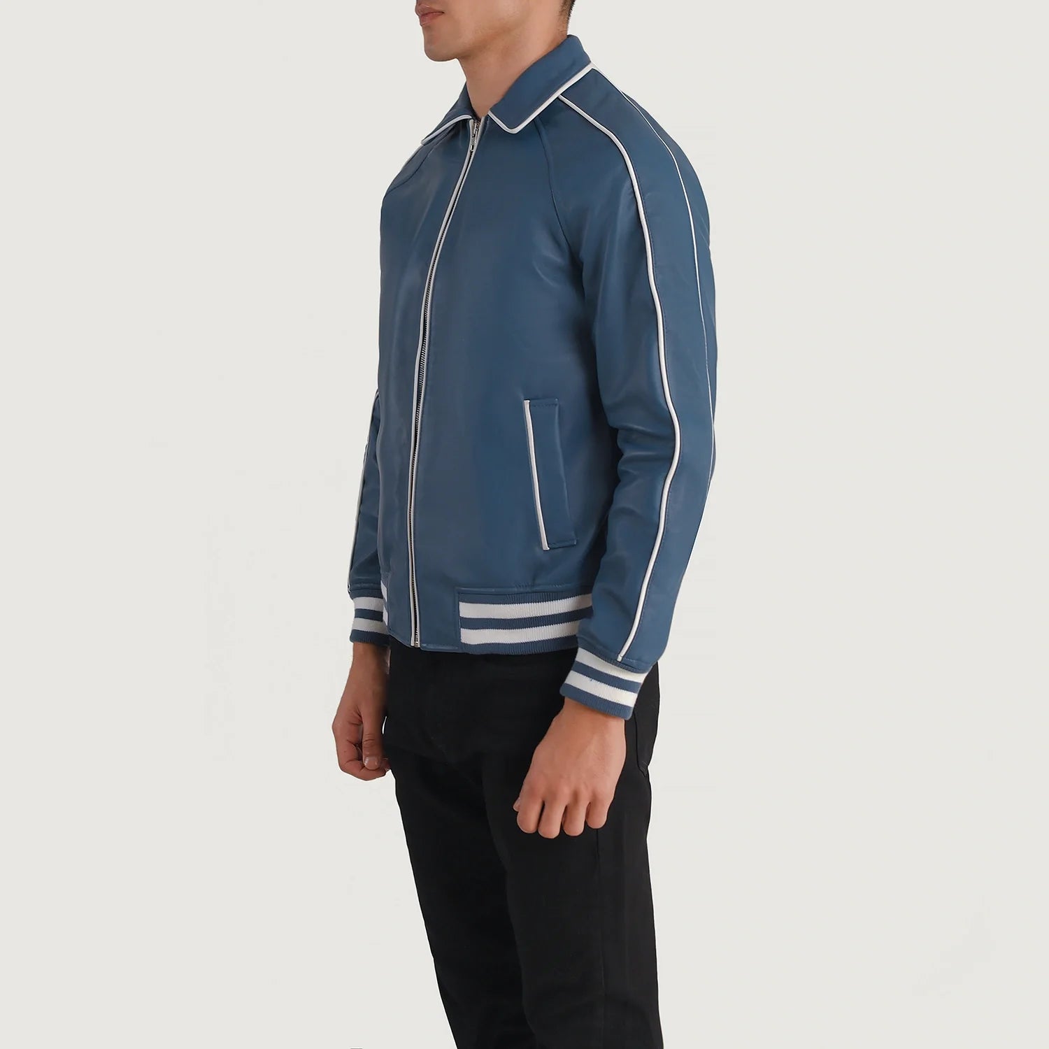 "Cooper Blue Leather Varsity Jacket – Modern Twist on a Classic Design"