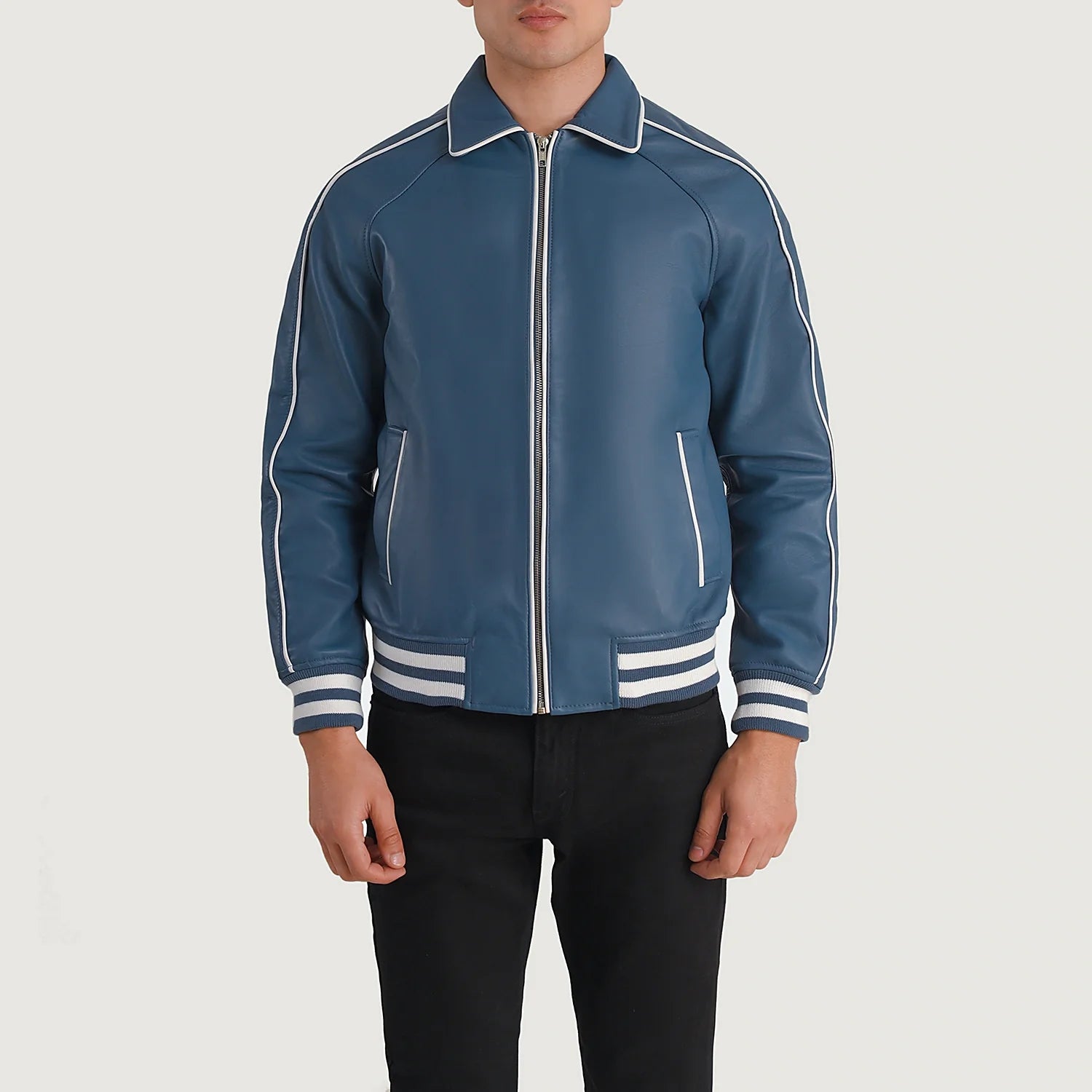 "Cooper Blue Leather Varsity Jacket – Modern Twist on a Classic Design"