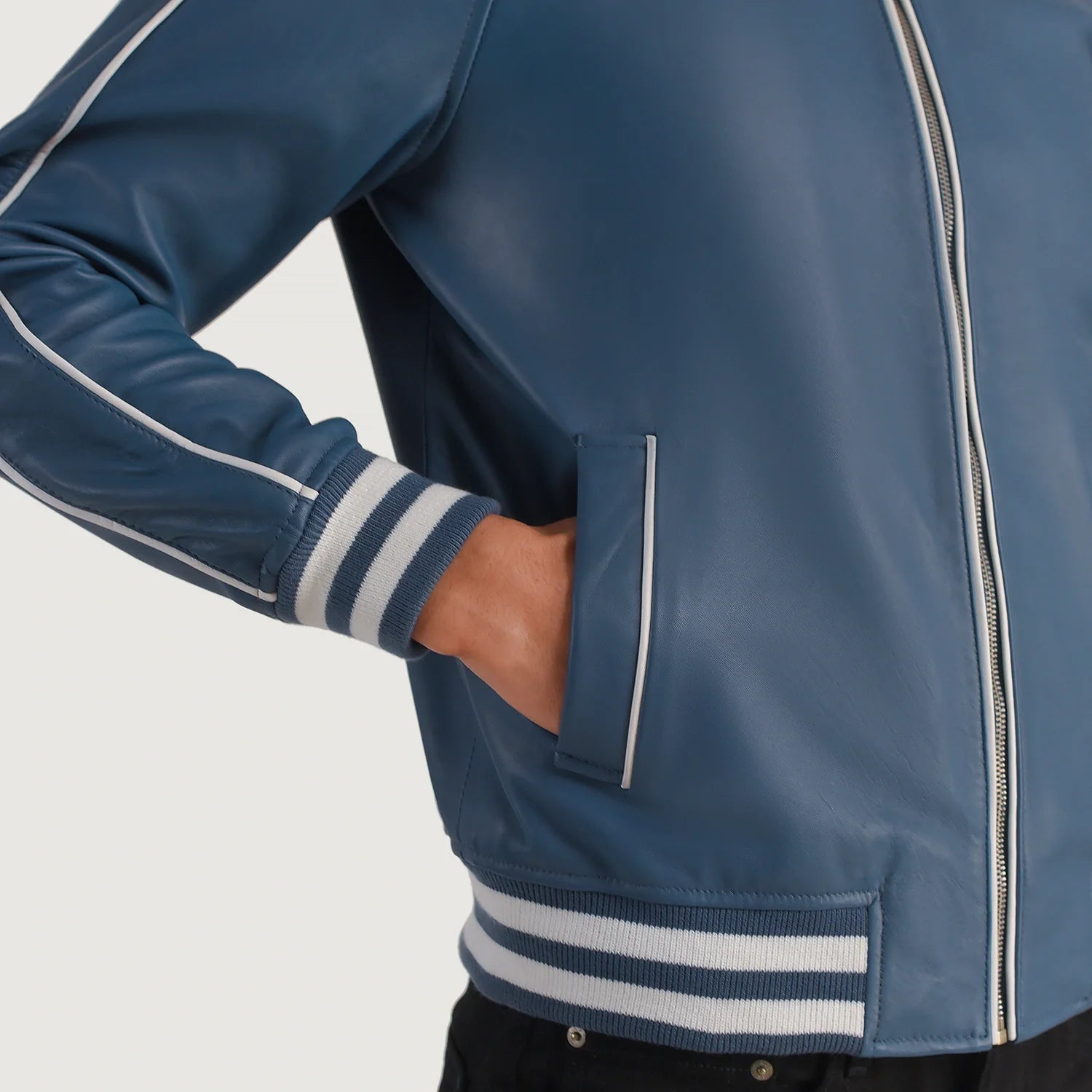 "Cooper Blue Leather Varsity Jacket – Modern Twist on a Classic Design"