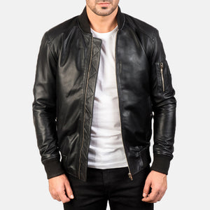 "Daniel Blue Leather Bomber Jacket – Semi-Aniline Sheepskin with Rib-Knit Details"