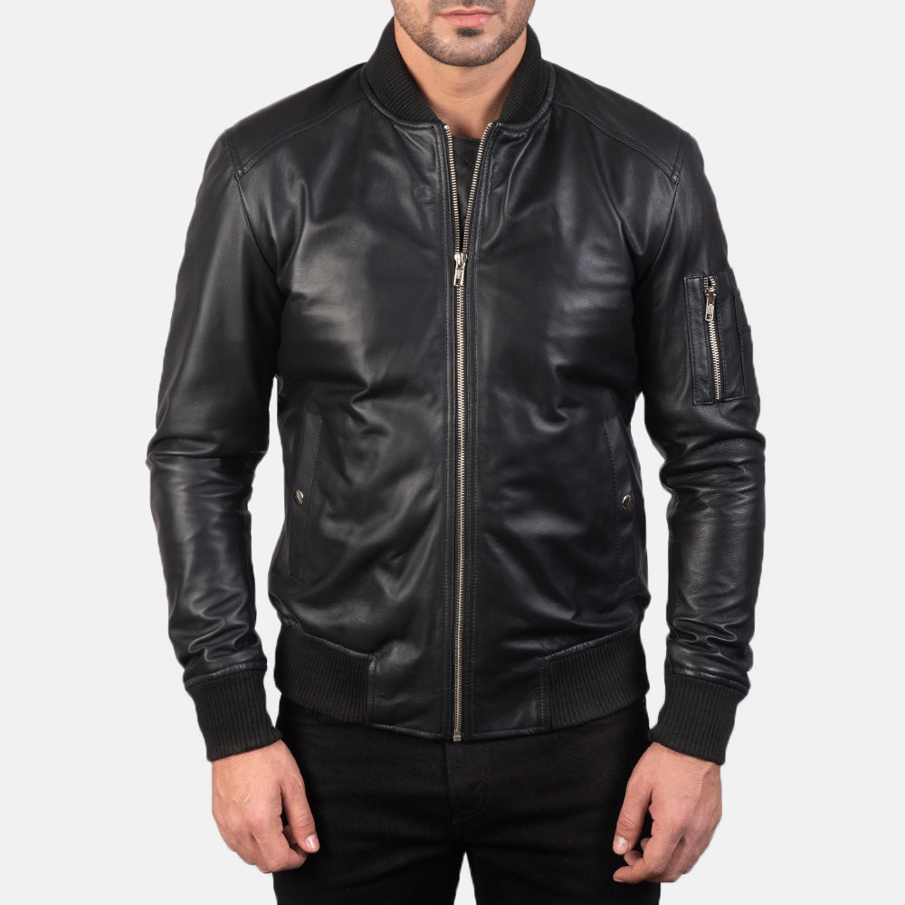 "Daniel Blue Leather Bomber Jacket – Semi-Aniline Sheepskin with Rib-Knit Details"