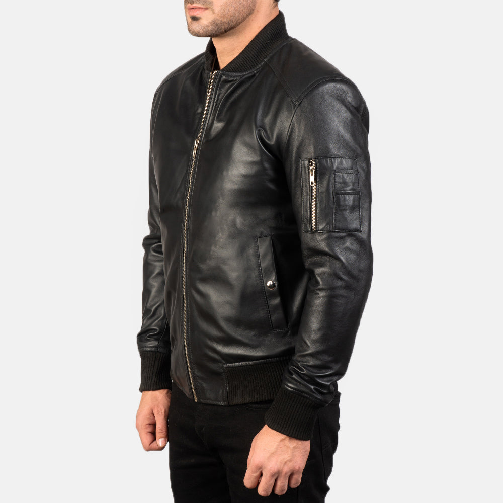 "Daniel Blue Leather Bomber Jacket – Semi-Aniline Sheepskin with Rib-Knit Details"