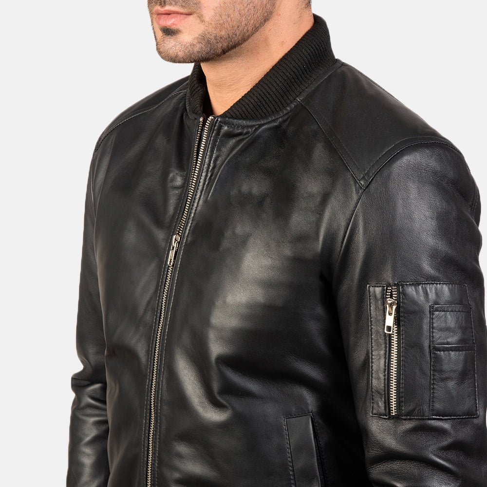 "Daniel Blue Leather Bomber Jacket – Semi-Aniline Sheepskin with Rib-Knit Details"