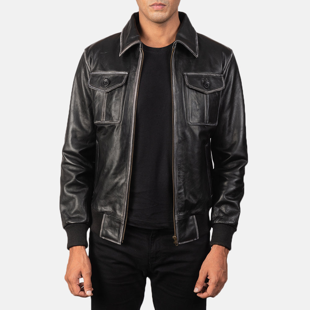 "Oliver Black Leather Bomber Jacket – Premium Cowhide with Rub-Off Finish"