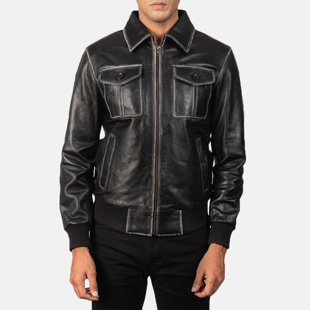 "Oliver Black Leather Bomber Jacket – Premium Cowhide with Rub-Off Finish"