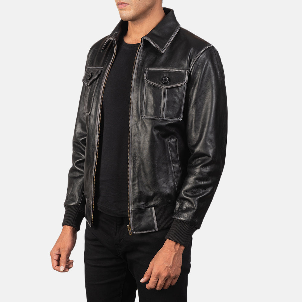 "Oliver Black Leather Bomber Jacket – Premium Cowhide with Rub-Off Finish"