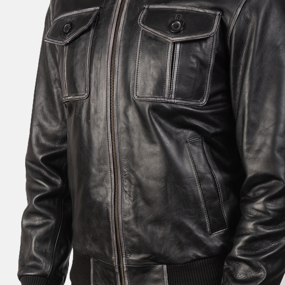 "Oliver Black Leather Bomber Jacket – Premium Cowhide with Rub-Off Finish"