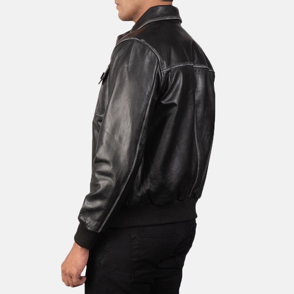 "Oliver Black Leather Bomber Jacket – Premium Cowhide with Rub-Off Finish"