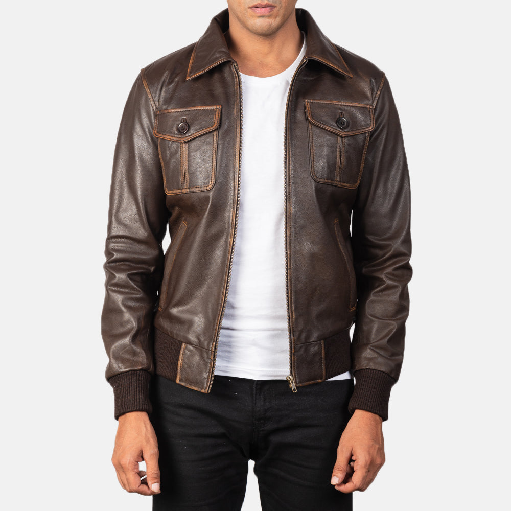 "Oliver Black Leather Bomber Jacket – Premium Cowhide with Rub-Off Finish"