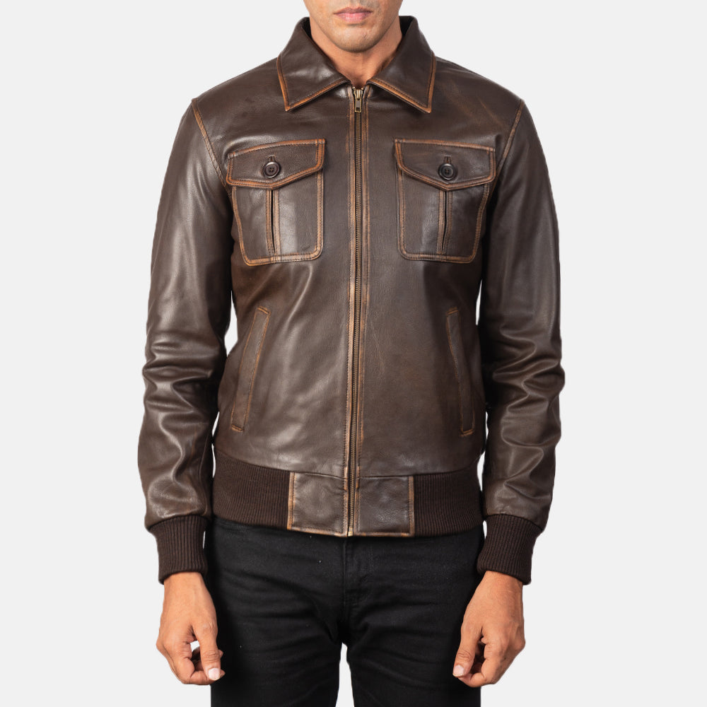 "Oliver Black Leather Bomber Jacket – Premium Cowhide with Rub-Off Finish"