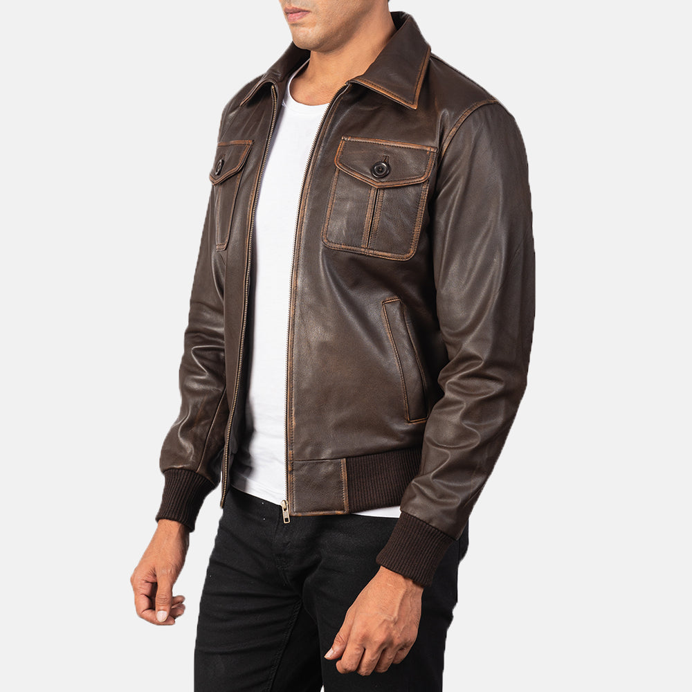 "Oliver Black Leather Bomber Jacket – Premium Cowhide with Rub-Off Finish"