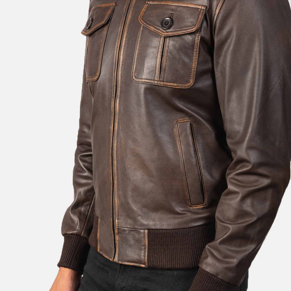 "Oliver Black Leather Bomber Jacket – Premium Cowhide with Rub-Off Finish"