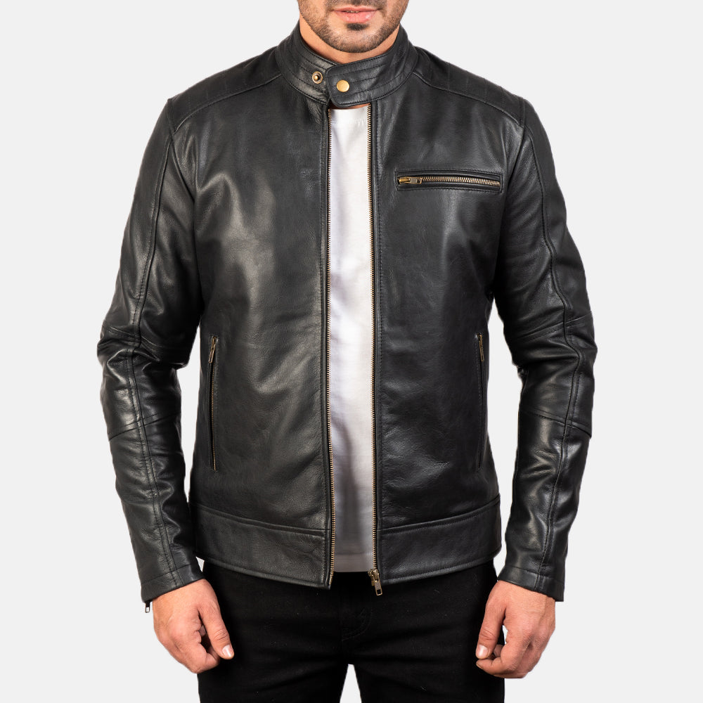 "James Black Leather Biker Jacket – Pull-Up Cowhide with Snap Button Band Collar"