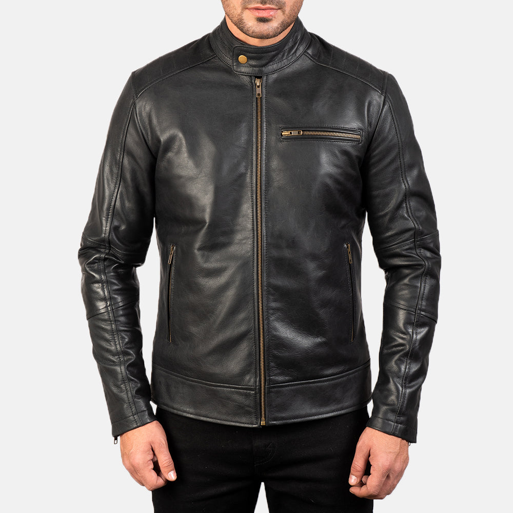 "James Black Leather Biker Jacket – Pull-Up Cowhide with Snap Button Band Collar"