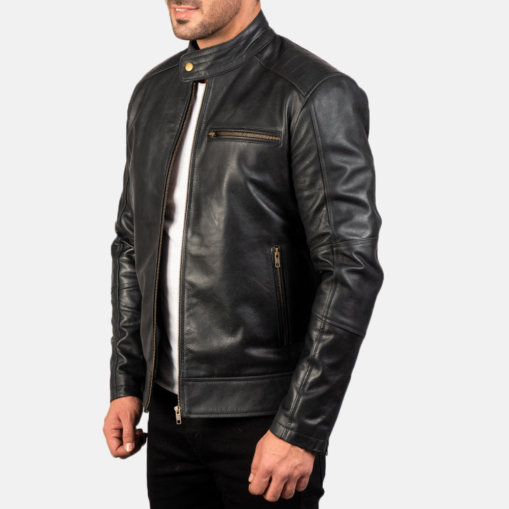 "James Black Leather Biker Jacket – Pull-Up Cowhide with Snap Button Band Collar"