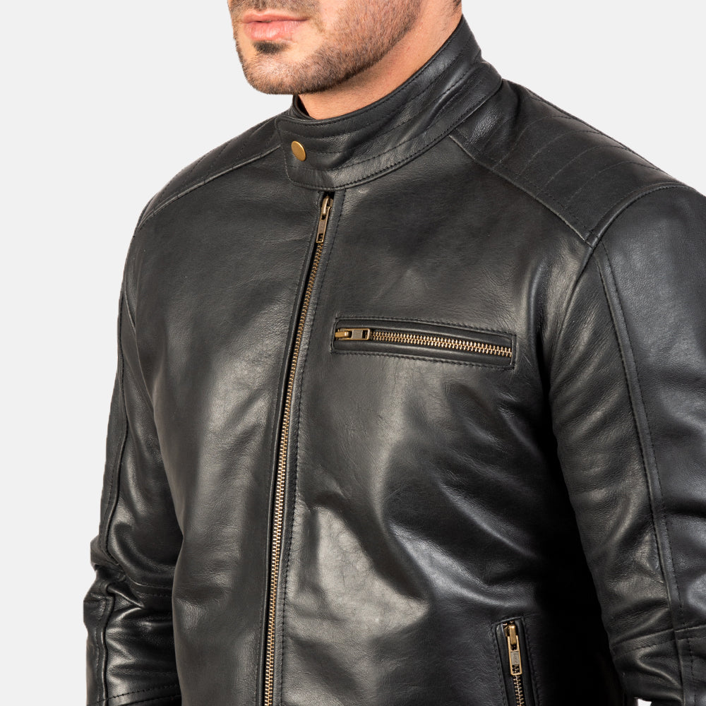 "James Black Leather Biker Jacket – Pull-Up Cowhide with Snap Button Band Collar"