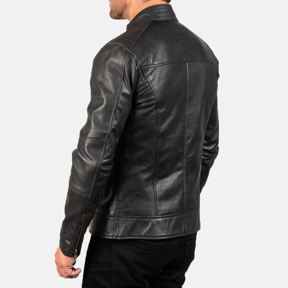 "James Black Leather Biker Jacket – Pull-Up Cowhide with Snap Button Band Collar"