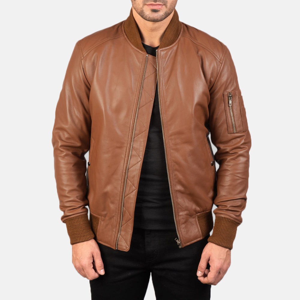 "Daniel Blue Leather Bomber Jacket – Semi-Aniline Sheepskin with Rib-Knit Details"