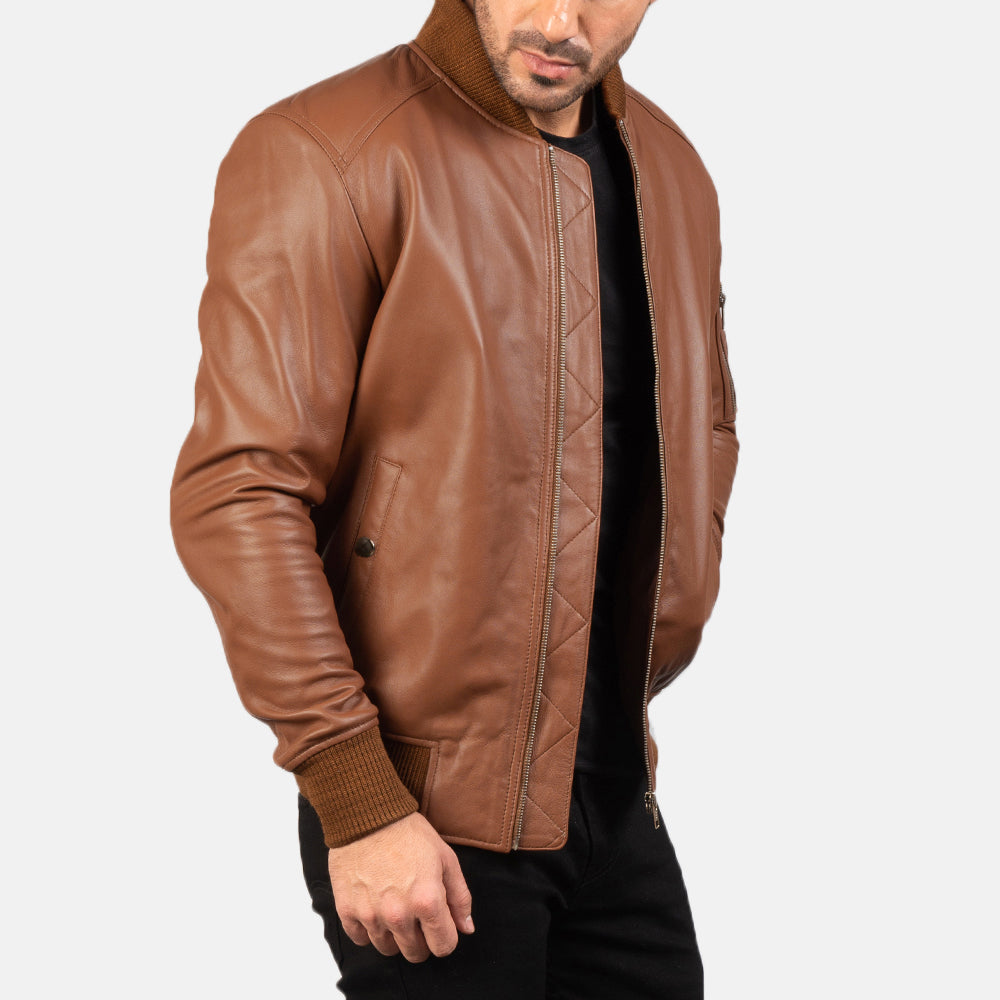 "Daniel Blue Leather Bomber Jacket – Semi-Aniline Sheepskin with Rib-Knit Details"