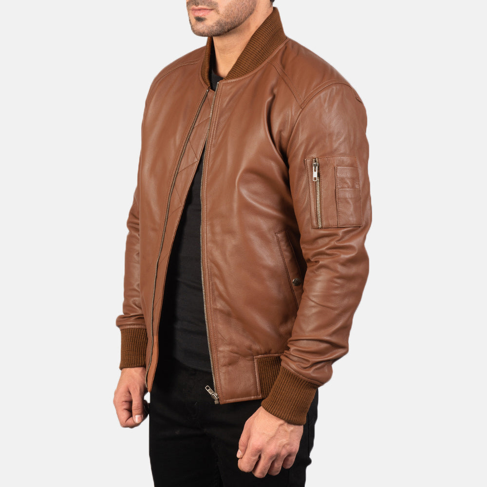 "Daniel Blue Leather Bomber Jacket – Semi-Aniline Sheepskin with Rib-Knit Details"