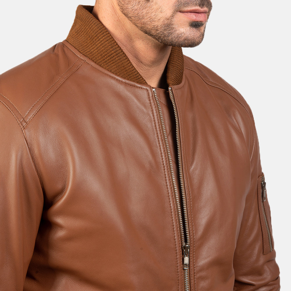 "Daniel Blue Leather Bomber Jacket – Semi-Aniline Sheepskin with Rib-Knit Details"