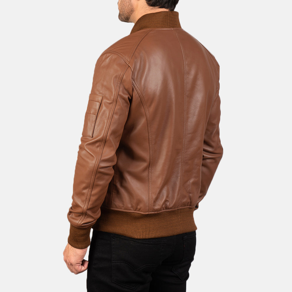 "Daniel Blue Leather Bomber Jacket – Semi-Aniline Sheepskin with Rib-Knit Details"