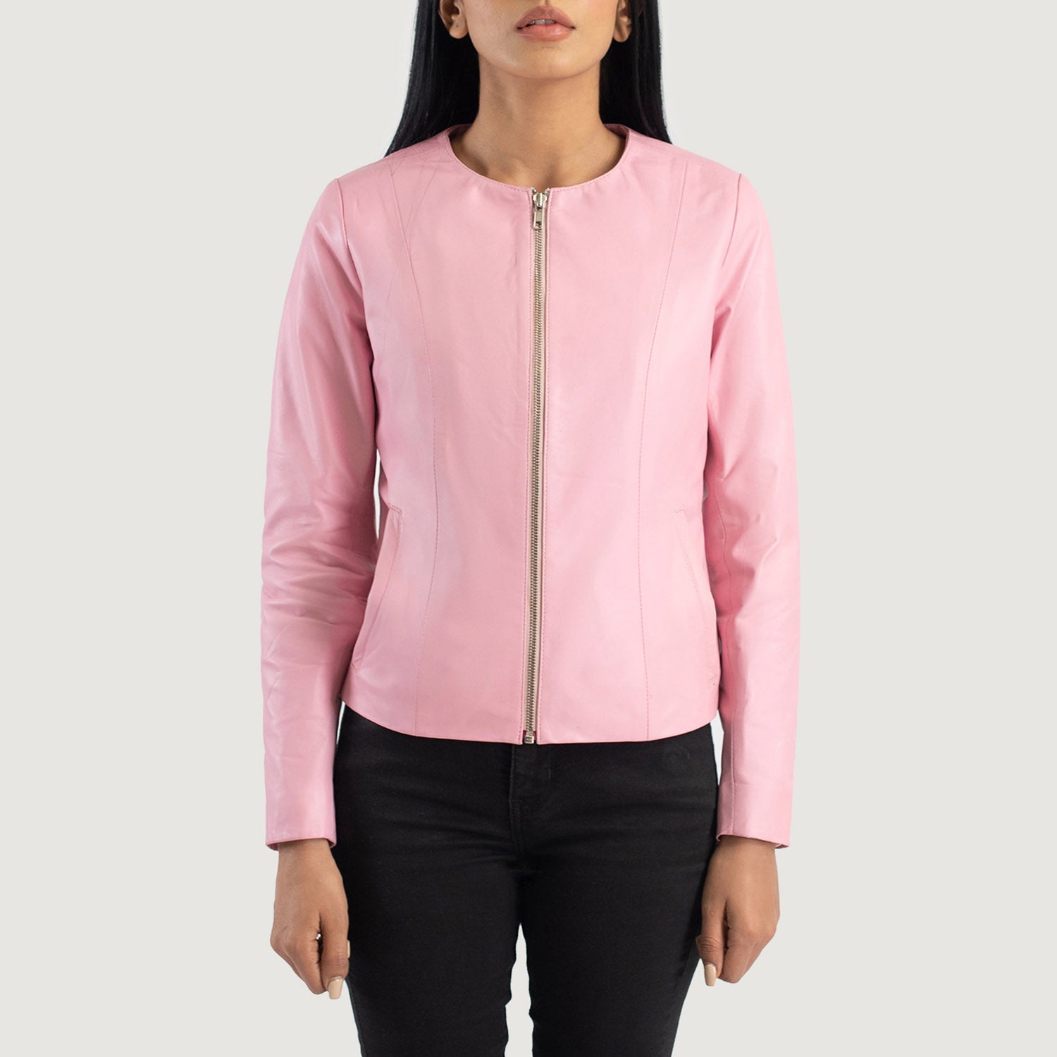 Olivia Pink Collarless Leather Biker Jacket