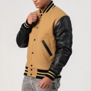 Asher Camel wool body & Black leather sleeves Varsity Jacket - Customization available for School, Club &amp; Brand.