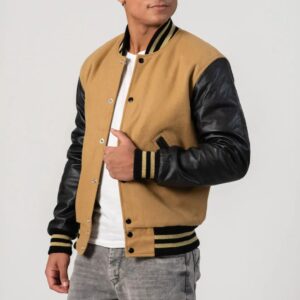 Asher Camel wool body & Black leather sleeves Varsity Jacket - Customization available for School, Club &amp; Brand.