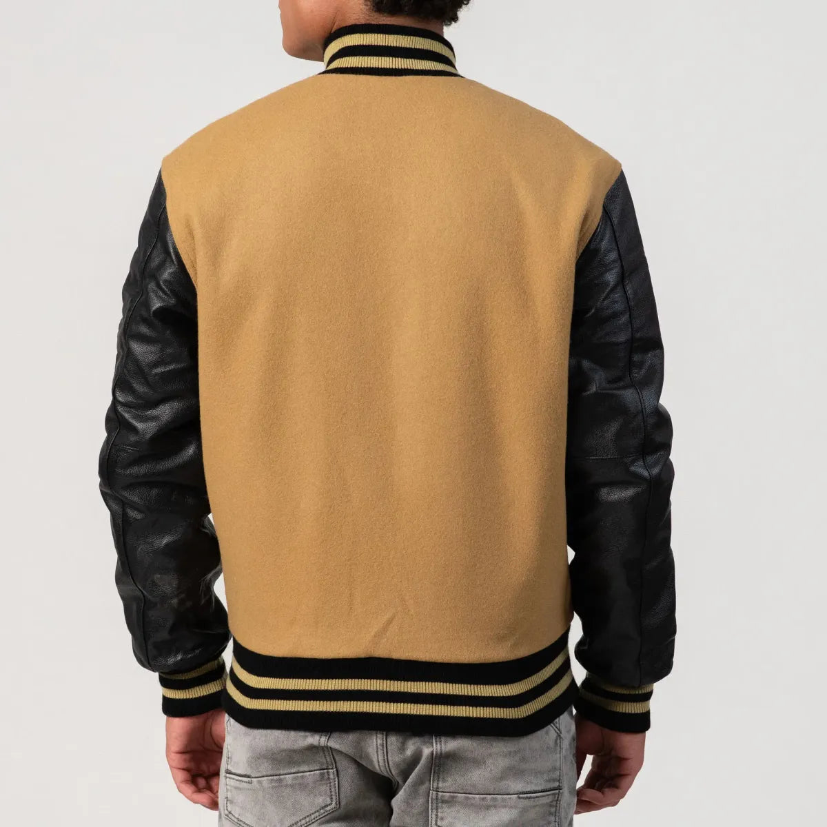 Asher Camel wool body & Black leather sleeves Varsity Jacket - Customization available for School, Club &amp; Brand.