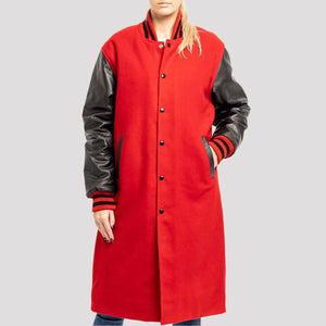 Scarlet Wool Body & Black Leather Sleeves Letterman Coat