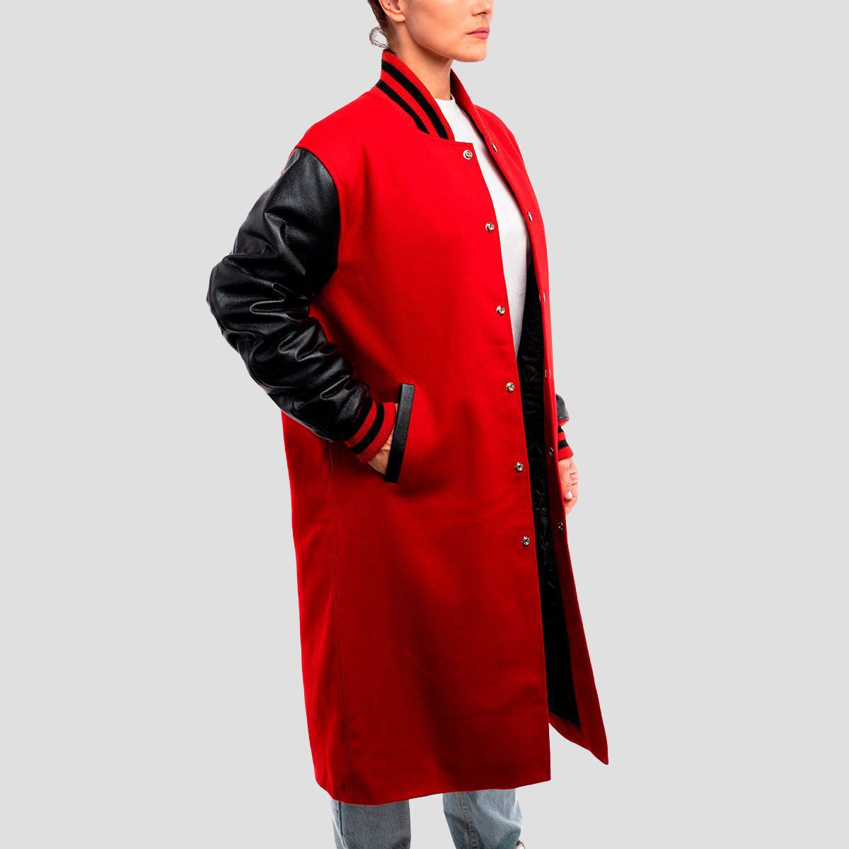 Scarlet Wool Body & Black Leather Sleeves Letterman Coat