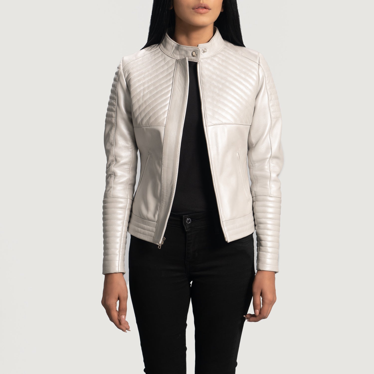 Isla Quilted Silver Leather Biker Jacket