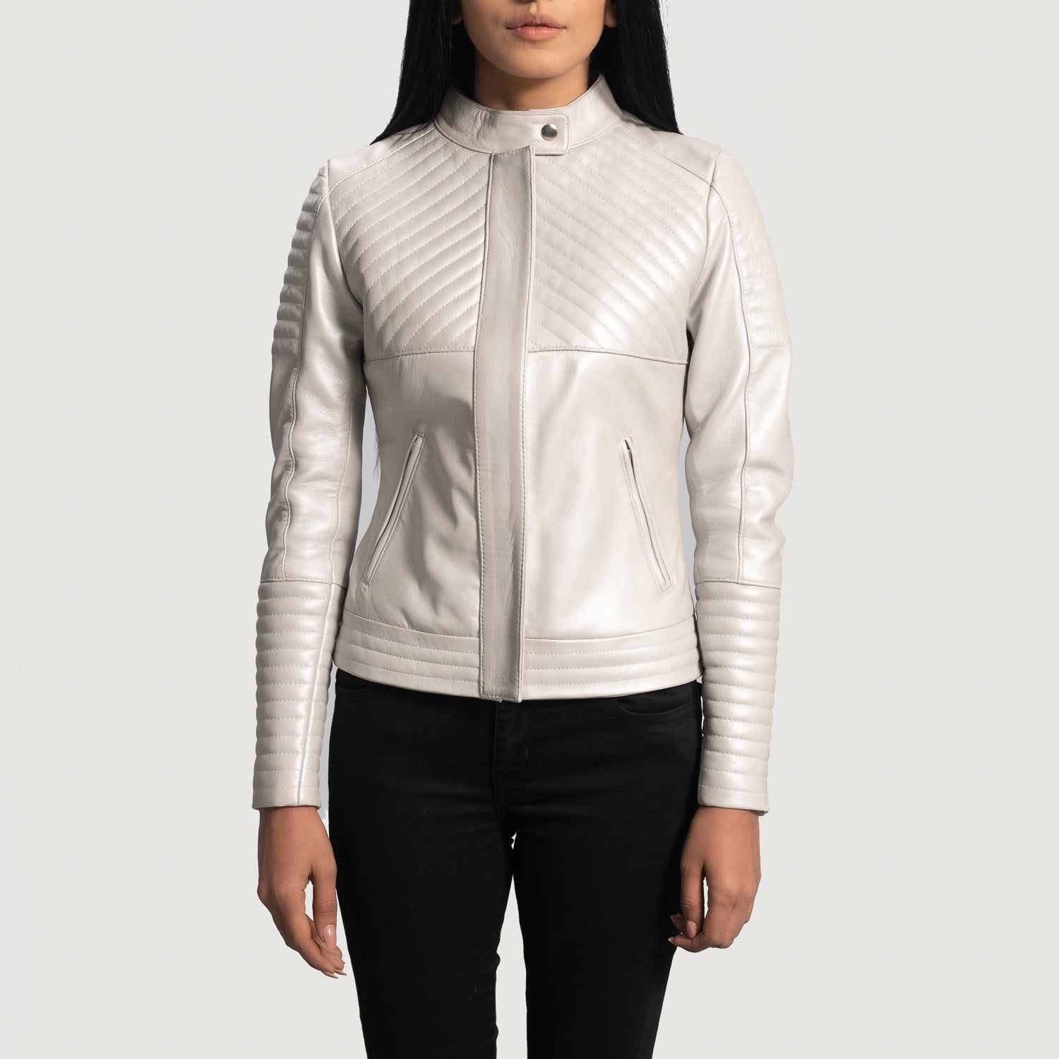 Isla Quilted Silver Leather Biker Jacket